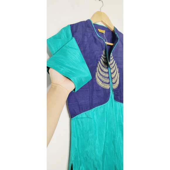 Aurelia Kurta NEW Teal Blue Gold Detailed Front Half Sleeve Tunic Open Side - Picture 5 of 12